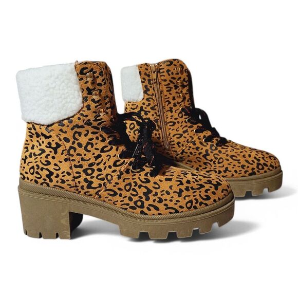 Olivia Miller Ariel Womens 8.5 Combat Boots Leopard Print Faux Suede- Fur Brown - Picture 13 of 14